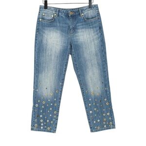 Micheal Kors size 10 beautiful wide leg cropped jeans with stretch Gold grommets